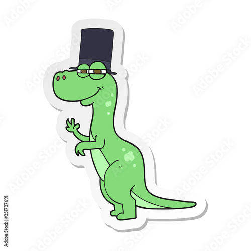 sticker of a cartoon dinosaur wearing top hat