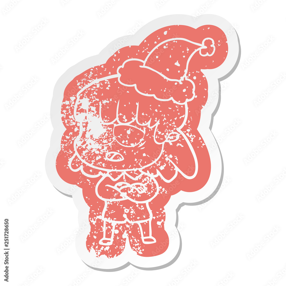 cartoon distressed sticker of a tired woman wearing santa hat cartoon distressed sticker of a tired woman wearing santa hat