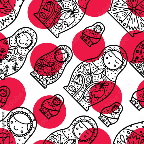 Matryoshka and polka dot. Seamless pattern. Cute babushka.