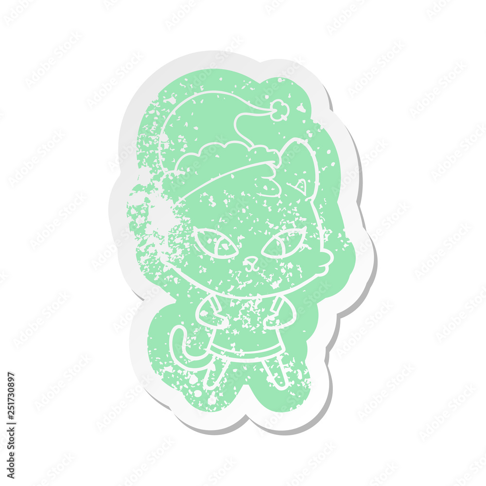 cute cartoon distressed sticker of a cat wearing santa hat cute cartoon distressed sticker of a cat wearing santa hat
