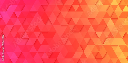 Red and orange gradient background with abstract geometric pattern of triangles.