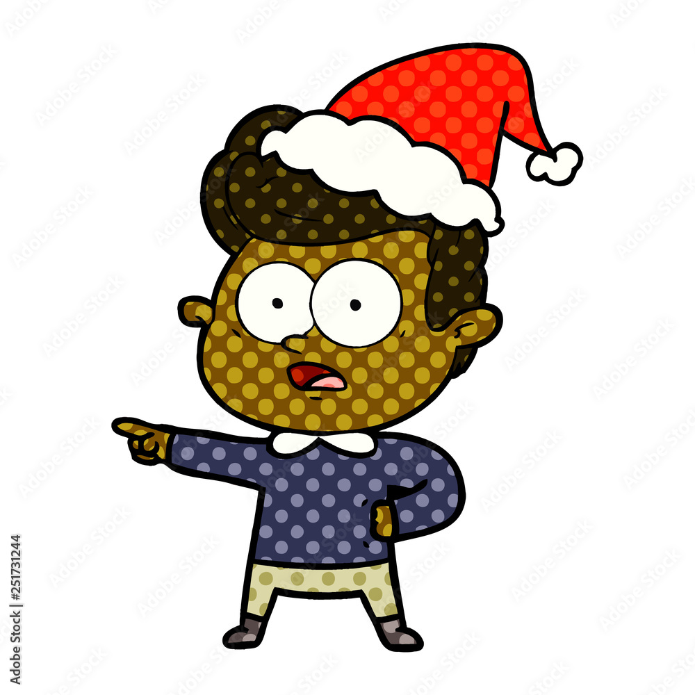 comic book style illustration of a staring man wearing santa hat