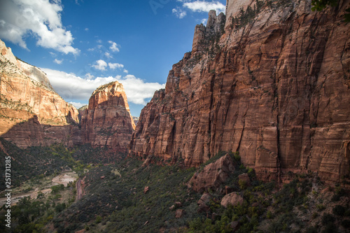 High Perspective of Angel's Landing in Zion National Park taken from a rock climbing route down canyon