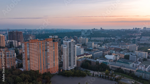 Aerial top view of Kiev city skyline on sunset from above  Kyiv center downtown cityscape in evening  capital of Ukraine