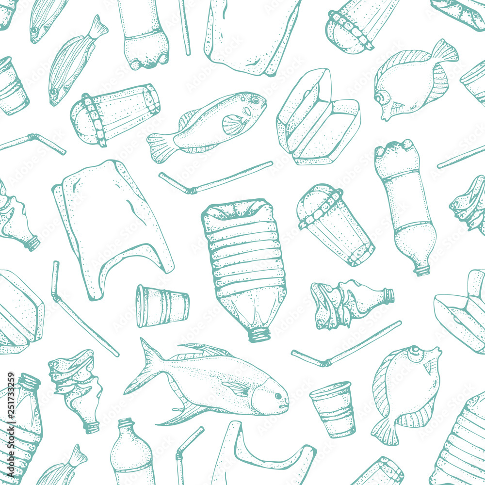 Ocean pollution seamless pattern. Vector illustration Hand drawn doodle symbols collection. Bag, Bottle, Package, Contamination, disposable dish, straw and fish. Keep the sea, plastic free concept. Ocean pollution seamless pattern. Vector illustration Hand drawn doodle symbols collection. Bag, Bottle, Package, Contamination, disposable dish, straw and fish. Keep the sea, plastic free concept.