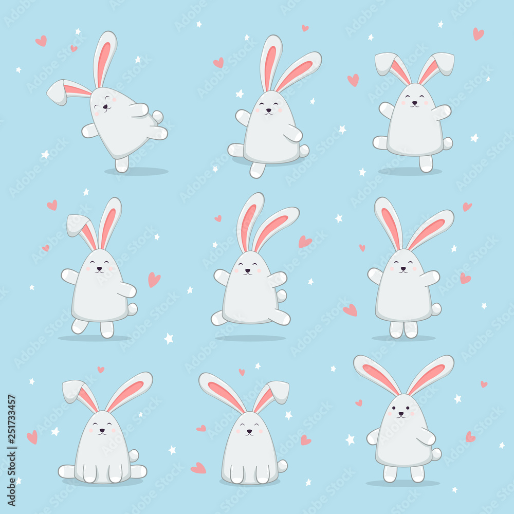 Set of Happy Easter Rabbits on Blue Background Set of Happy Easter Rabbits on Blue Background