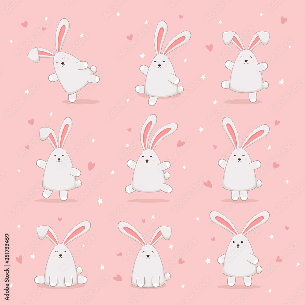 Set of Happy Easter Rabbits on Pink Background Set of Happy Easter Rabbits on Pink Background