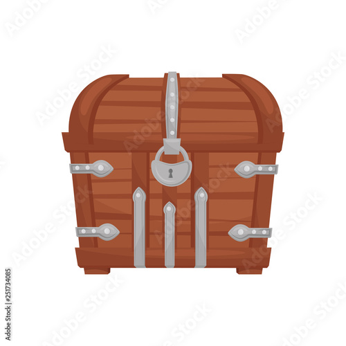 Flat vector icon of brown wooden chest with metal stripes and padlock. Storage box for treasures