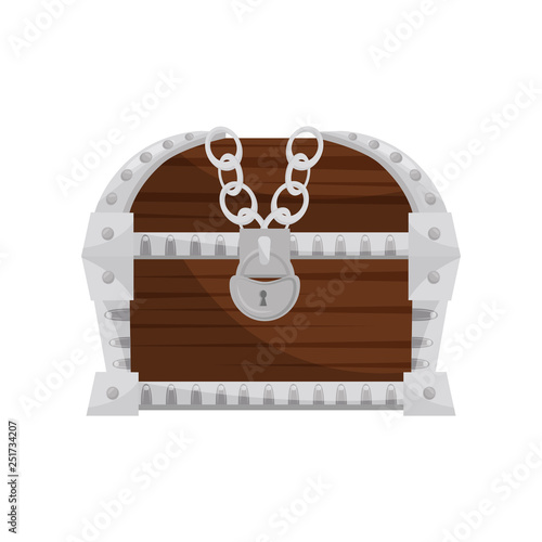 Strong wooden-metal chest with old padlock. Storage box for treasures. Flat vector for children book