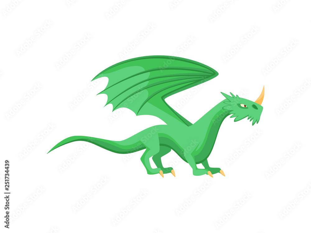Fototapeta premium Flat vector of bright green dragon with large wings and horn on nose, side view. Mythical monster. Fantastic animal