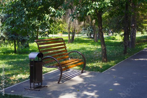 View of the benches in 28 Panfilov city park in Almaty, Kazakhstan. © Renar