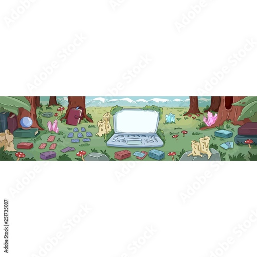 Banner for witchcraft. Laptop and divination instruments in the forest. Cute cartoon background banner