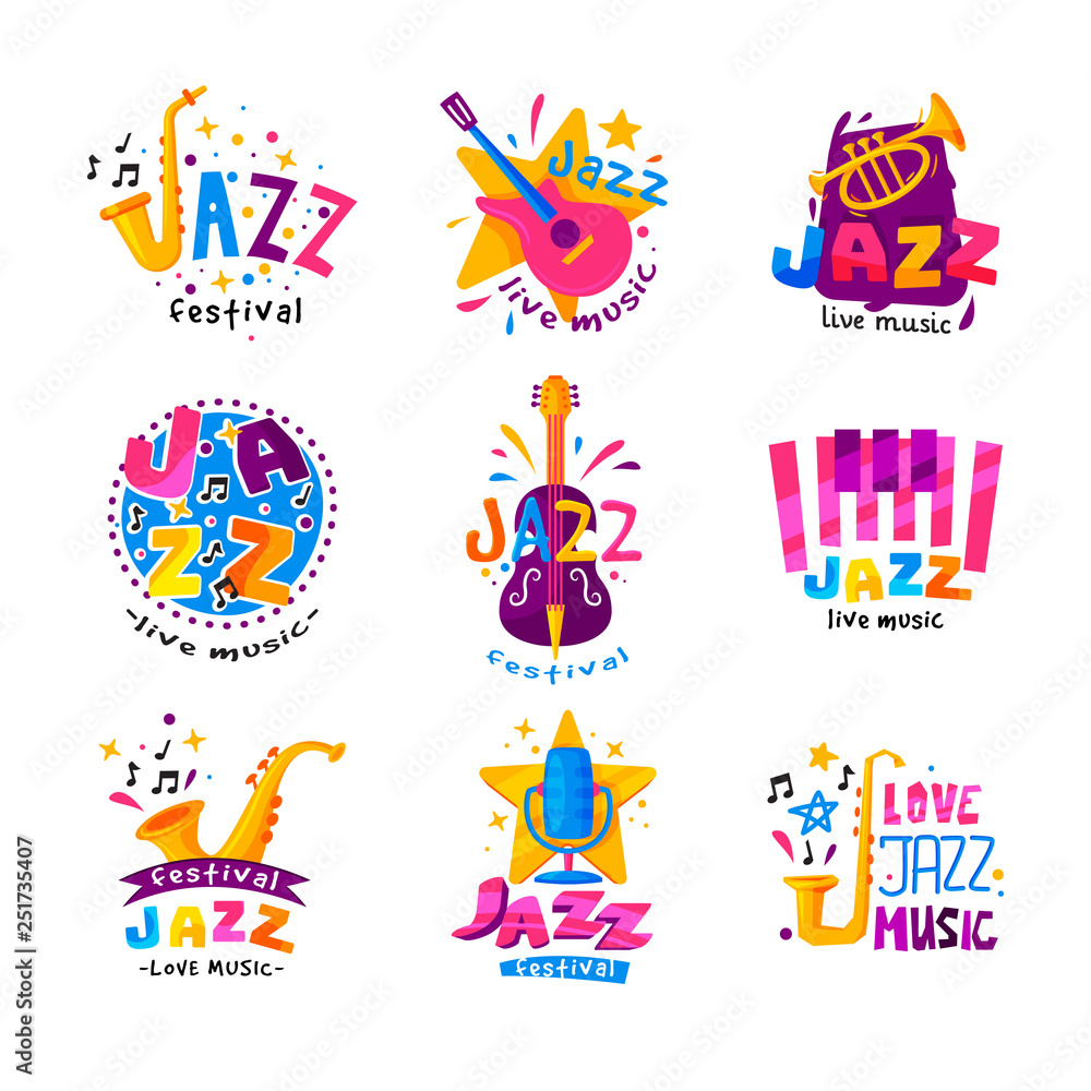 Flat vector set of abstract logos for jazz festival. Bright creative emblems with musical instruments and colorful text