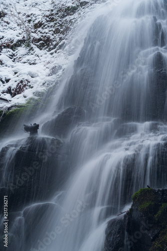 Close up details of waterfall flowing in winter