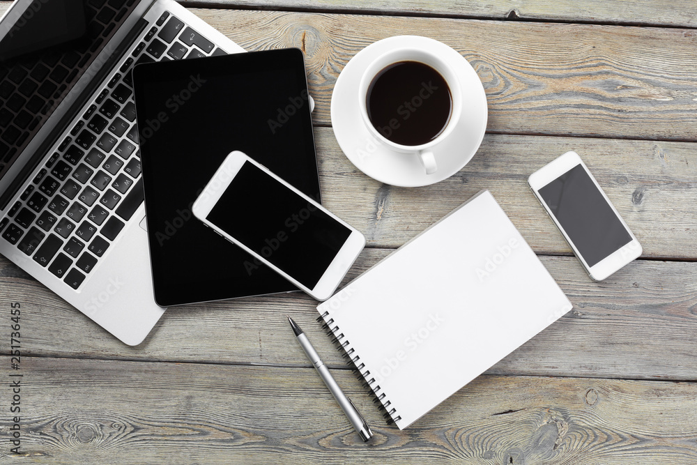 Open laptop with digital tablet and smartphone close up Open laptop with digital tablet and smartphone close up