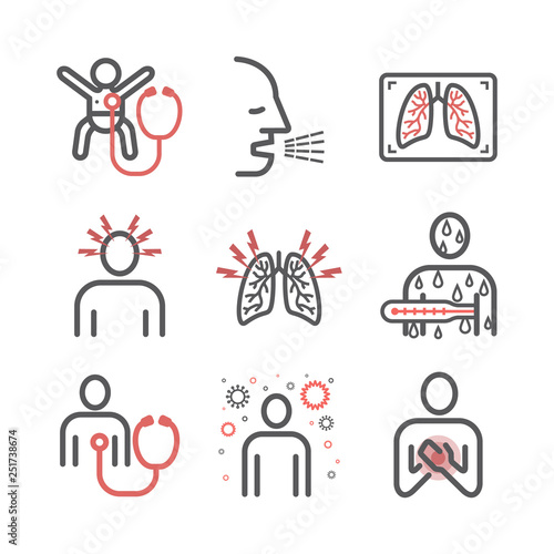 Pneumonia. Symptoms, Treatment. Line icons set. Vector infographics.
