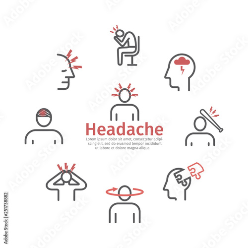 Headache banner. Line icons. Symptoms. Vector signs for web.