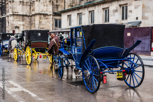 Vienna, Austria - December 21, 2017. Horse carriages parking next to St. Stephen's Cathedral. Horse-drawn fiacre with coachman is popular viennese touristic attraction. photo