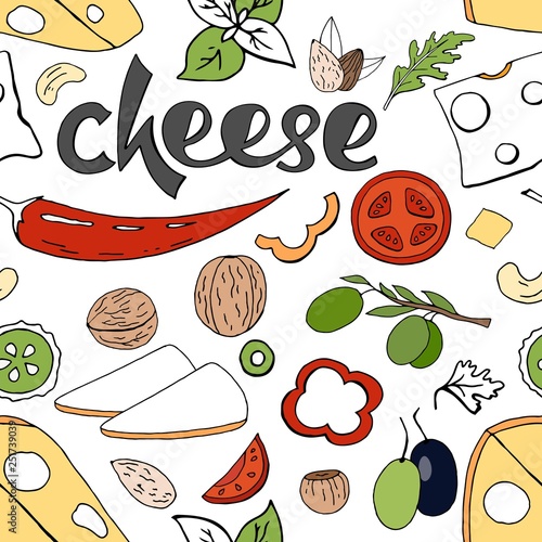 Seamless food pattern with cheese and vegetables elements. Vector bright food pattern