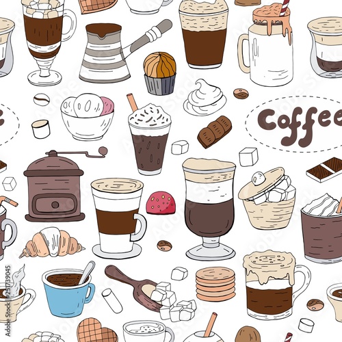 Seamless pattern with hand drawn vector elements of different types of coffee on white background