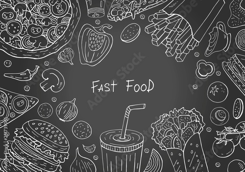 Vintage outline horizontal black background  with fast food elements. Vector fast food collection for cafe menu