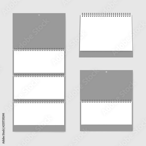 Calendar set template. Blank wall and desk spiral calendars front view, vector mockup