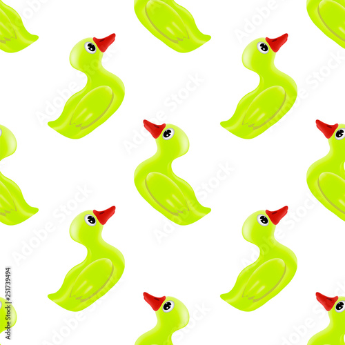 Funny Rubber Yellow Duck Seamless Pattern on White Background for Fabric and Decor