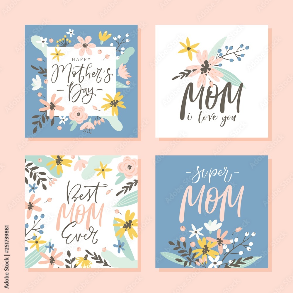 Set of cute greeting cards for Mother's Day with hand drawn blossom flowers and modern brush calligraphy Set of cute greeting cards for Mother's Day with hand drawn blossom flowers and modern brush calligraphy