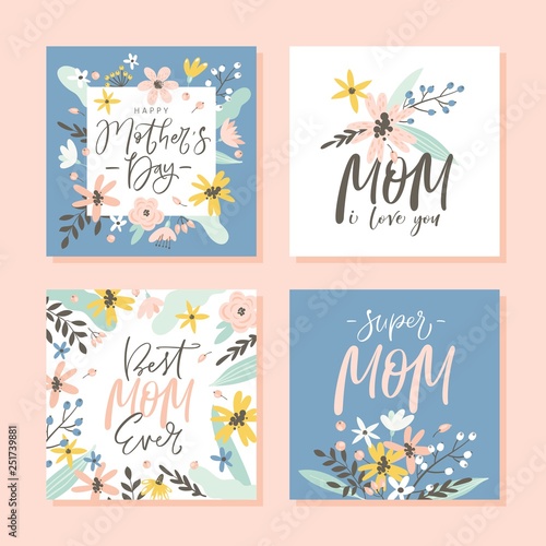 Set of cute greeting cards for Mother's Day with hand drawn blossom flowers and modern brush calligraphy