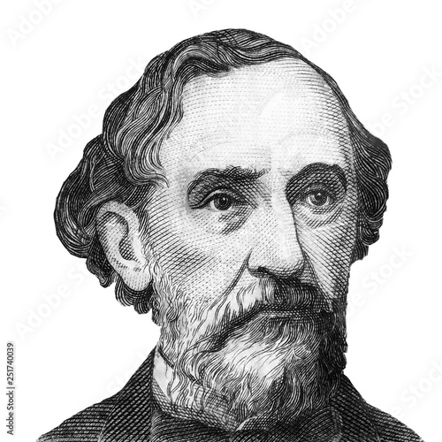 President of Argentina during 1862 to 1868 Bartolome Mitre Martinez. Isolated black and white portrait on white background photo