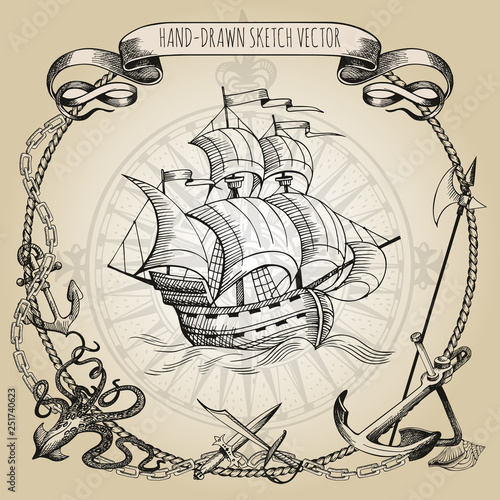 Adventure stories. Pirate background. Vintage border frame. Old caravel, vintage sailboat, sea monster.
