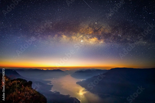 Landscape Milky Way rises over on mountain Pha Daeng Luang, Mae Ping National Park, Lamphun in Thailand © somchairakin