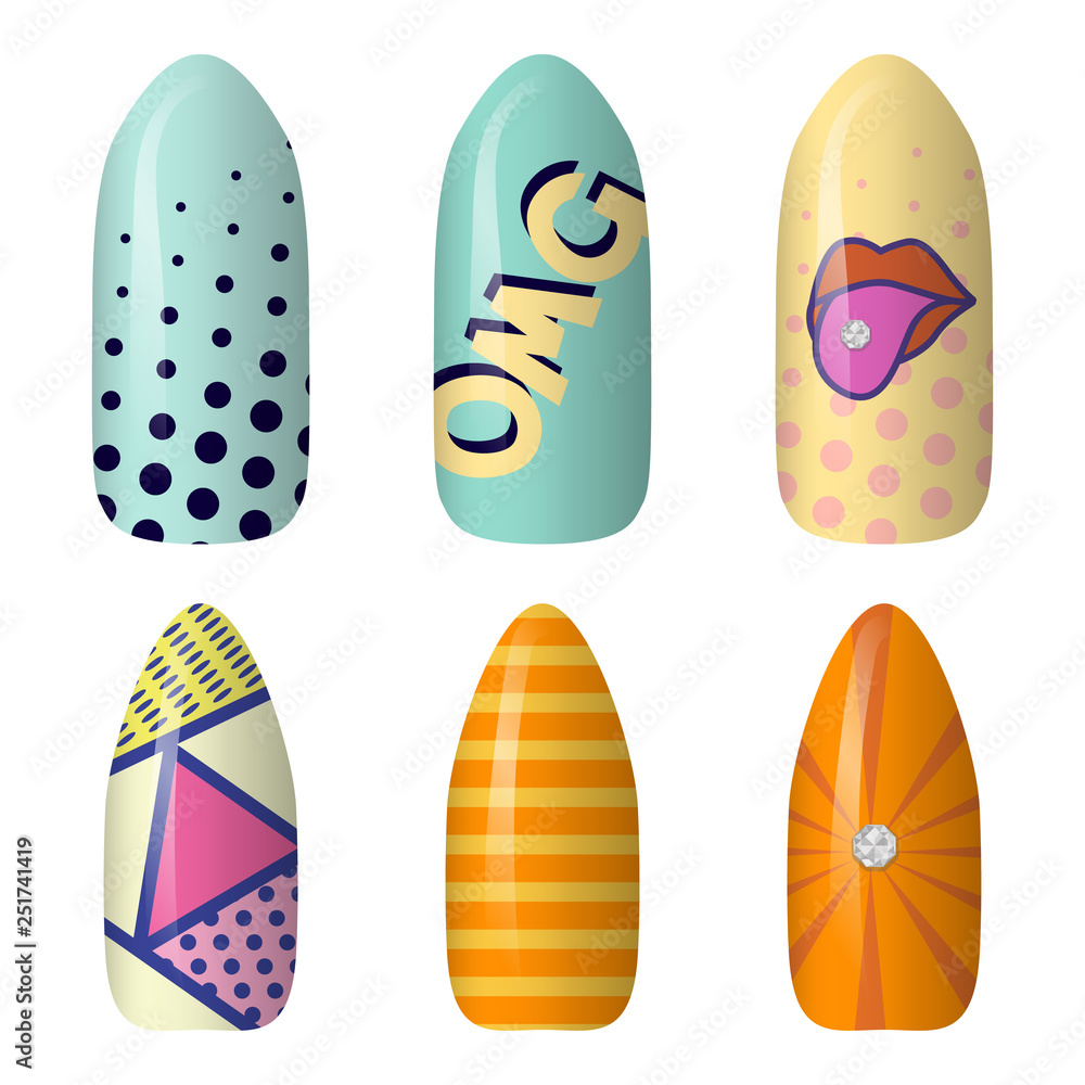 set of colored painted pop art nail stickers. Neon manicure art. nail polish. isolated on a dark background set of colored painted pop art nail stickers. Neon manicure art. nail polish. isolated on a dark background