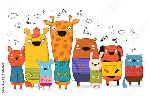 Vector collection of doodle funny animals.