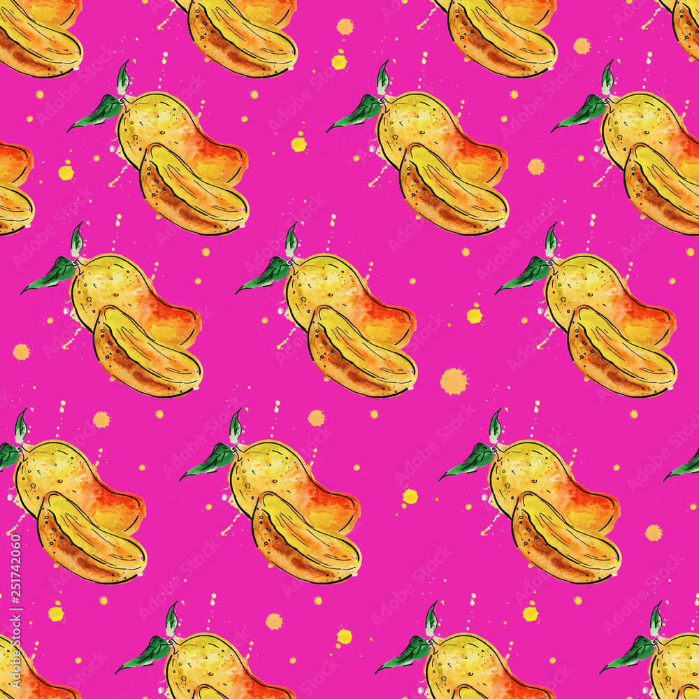 Seamless pattern with mango fruit on an orange background. Watercolor illustration. Seamless pattern with mango fruit on an orange background. Watercolor illustration.