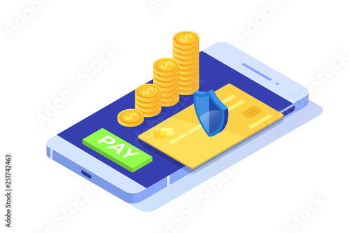 Isometric online payment online concept. Internet payments, protection