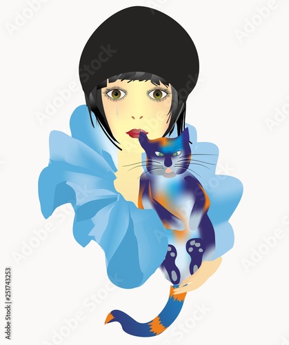 composition with a girl in the role of Pierrot, who keeps a cat