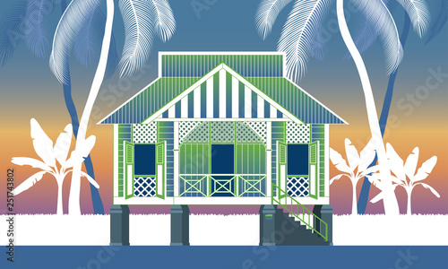 A beautiful traditional wooden Malay style village house. With various colour combination. Vector.