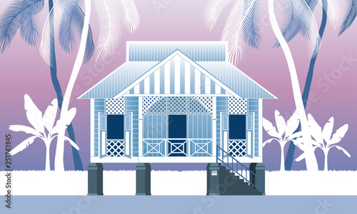 A beautiful traditional wooden Malay style village house. With various colour combination. Vector.