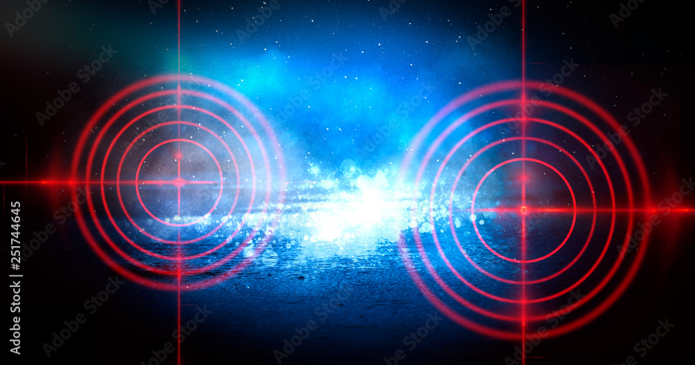Abstract dark background with rays, laser red sight and neon light. Empty tunnel, room, basement night view of a dark room. Wet asphalt in the night city, reflection. Red neon and red laser sight. Neo Abstract dark background with rays, laser red sight and neon light. Empty tunnel, room, basement night view of a dark room. Wet asphalt in the night city, reflection. Red neon and red laser sight. Neo