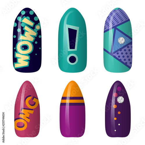 set of colored painted pop art nail stickers. Neon manicure art. nail polish. isolated on a dark background