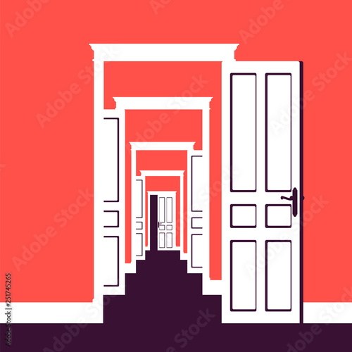 Doors open in many rooms. Metaphor of business, life opportunity, new ways to success, chance and possibility to get development, path to reach goal or dream. Vector illustration, faceless characters