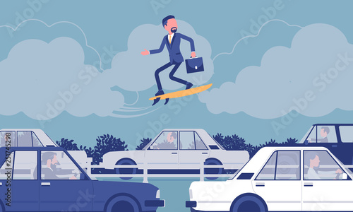 Businessman surfing on speed board over traffic jam. Creative adventurous male manager takes risks, entrepreneur tries new business methods, ideas, gets high. Vector illustration, faceless characters