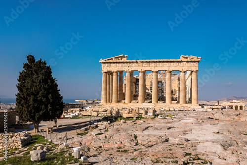 Athens, Greece - March 14, 2017: Eastern facade of the Parthenon temple on the Acropolis of Athens, Greece.