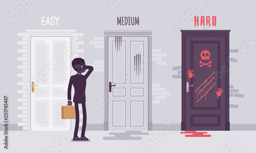 Easy, medium, hard degree of difficulty choice for businessman. Male manager puzzled with a business challenge level, employee choosing between three doors. Vector illustration, faceless characters