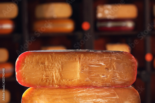 Pieces of tasty cheese in s...