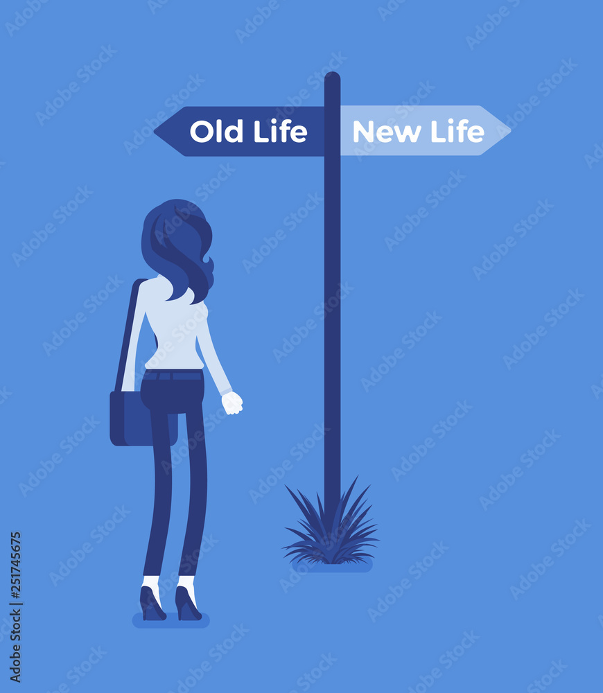 Signpost pole to a direct woman, old and new life choice. Young person choosing a road, start of another way, thinking of decision to begin and change lifestyle, become different. Vector illustration Signpost pole to a direct woman, old and new life choice. Young person choosing a road, start of another way, thinking of decision to begin and change lifestyle, become different. Vector illustration