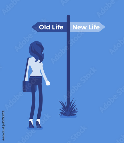 Signpost pole to a direct woman, old and new life choice. Young person choosing a road, start of another way, thinking of decision to begin and change lifestyle, become different. Vector illustration