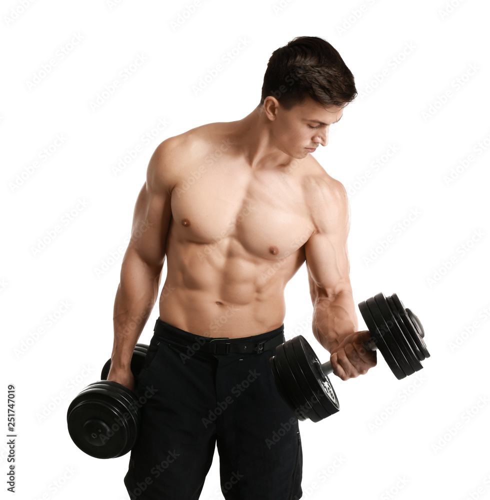 Muscular bodybuilder with dumbbells on white background