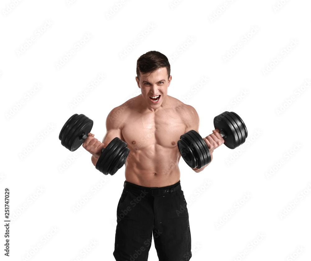 Muscular bodybuilder with dumbbells on white background